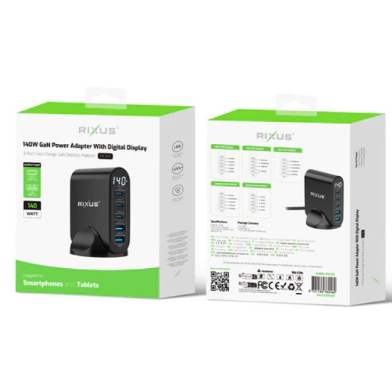 Rixus RX140 140W GaN Power Adapter With Digital Display Black