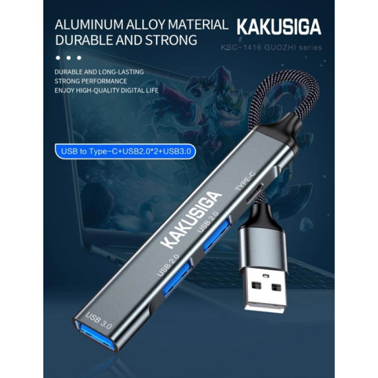 KAKUSIGA USB hub KSC-1416, 4x θυρών, USB 3.0, 5Gbps, USB σύνδεση, γκρι KSC-1416