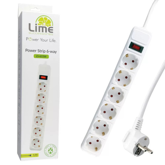 LIME ΠΟΛΥΠΡΙΖΟ 6 ΣΟΥΚΟ LS-615W ΜΕ ΔΙΑΚΟΠΤΗ - ΠΑΙΔΙΚΗ ΠΡΟΣΤΑΣΙΑ ΥΠΕΡΤΑΣΗΣ & ΥΠΕΡΦΟΡΤΩΣΗΣ (3x1.5mm2) 1.5m ΑΣΠΡΟ