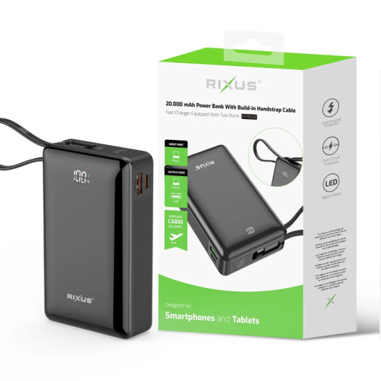 Rixus RXPB02B Digital Display Powerbank 20.000mAh With USB-C Cable Built-in Black 22.5W