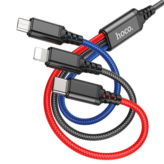 HOCO 3in1 USB Cable for iPhone Lightning 8-pin + Micro + Type C X76 Black/Red/Blue HOCO 3in1 USB Cable for iPhone Lightning 8-pin + Micro + Type C X76 Black/Red/Blue