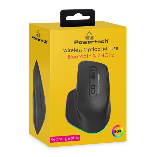 POWERTECH ασύρματο gaming ποντίκι PT-1253, 2.4GHz & Bluetooth, 2000DPI, 650mAh, RGB, μαύρο PT-1253