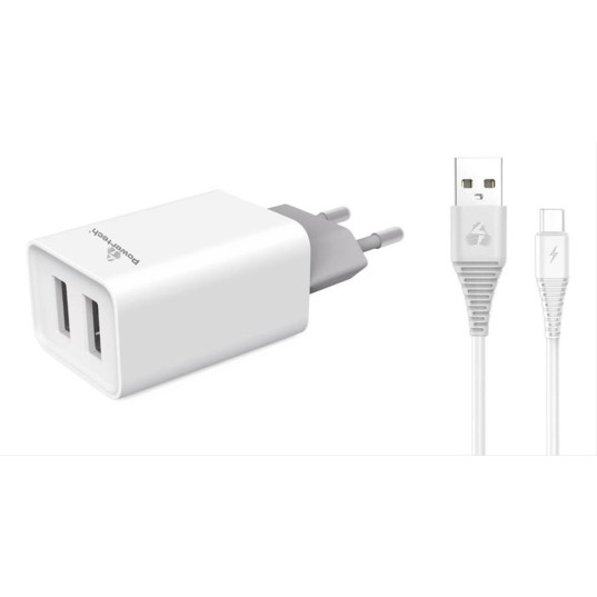 POWERTECH Φορτιστής τοίχου & καλώδιο Micro USB PT-775, 2x USB, 2.1A
