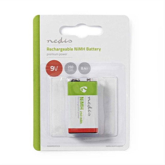 Επαναφορτιζόμενη μπαταρία 9V NiMH 250mAH, σε blister 1 μπαταρίας.