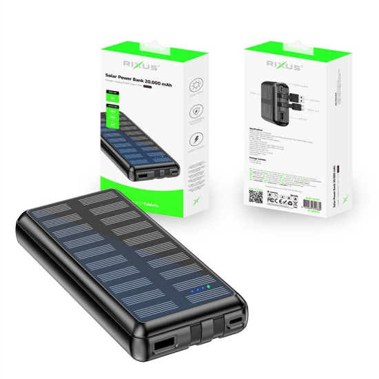 Rixus RXPB47 Solar Powerbank 20000 mAh With Built-in Cables Black Rixus RXPB47 Solar Powerbank 20000 mAh With Built-in Cables Black