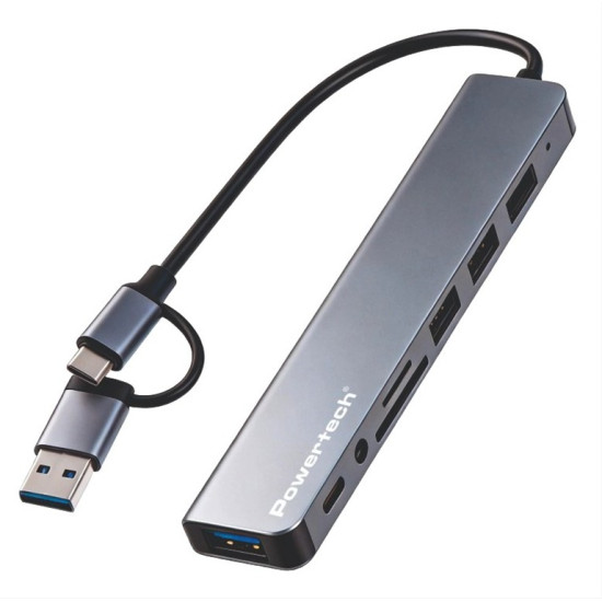 POWERTECH USB hub PTR-0205 με card reader, 8 θυρών, USB & USB-C σύνδεση, γκρι