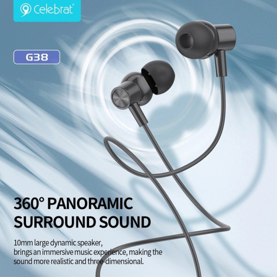 CELEBRAT earphones με μικρόφωνο G38, USB-C σύνδεση, 10mm, 1.2m, μαύρα