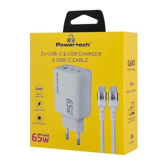 POWERTECH φορτιστής PT-1415 με καλώδιο,USB/2x USB-C,65W,GaN,λευκός