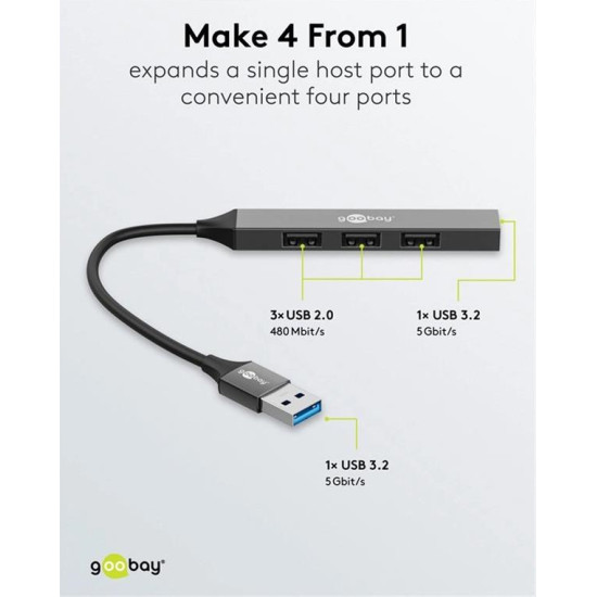 GOOBAY USB hub 74456, 4x θυρών, USB 3.2, 5Gbps, USB γκρι