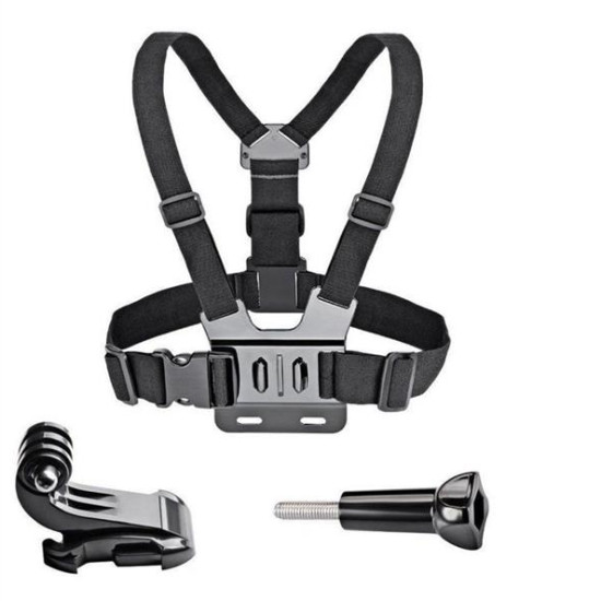 Adjustable harness for a sports camera with a rotating tripod and a phone stand
