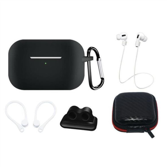 AirPods Pro 2 / AirPods Pro 1 Silicone Case Set + Case / Ear Hook / Neck Strap / Watch Strap Holder / Carabiner - Black