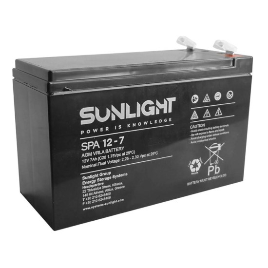 SUNLIGHT μπαταρία μολύβδου SPA12-7, 12V 7Ah, 6.3mm F