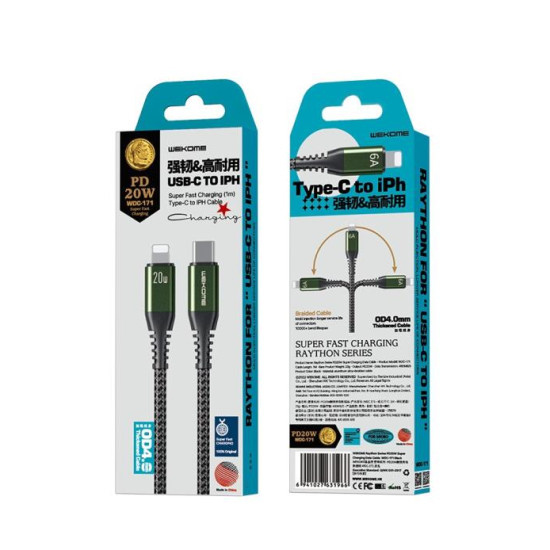 Charging Cable WK 20W PD TYPE-C/i6 Raython Black 1m WDC-171 6A