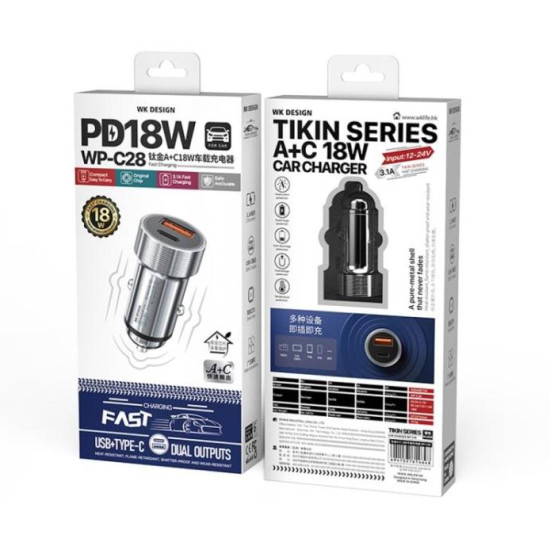 Car Charger WK 18W PD+USB QC3.0 Blue WP-C28