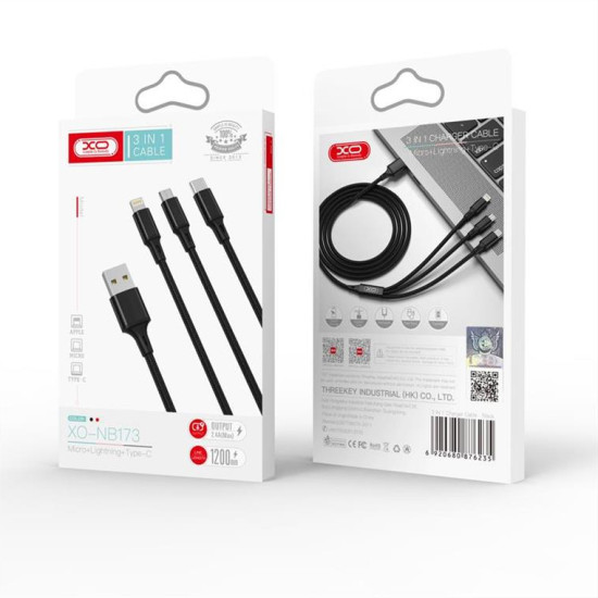 XO cable NB173 3in1 USB - Lightning + USB-C + microUSB 1,2 m 2,4A black GSM106762