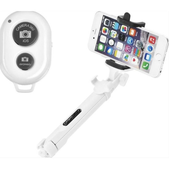 Combo selfie stick with tripod and remote control bluetooth white