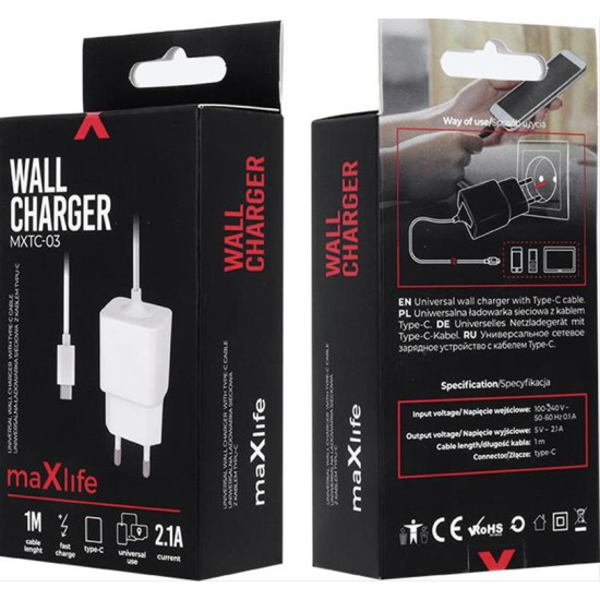 Maxlife wall charger MXTC-03 8-PIN 1A white OEM001654