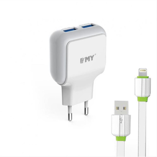 Φορτιστη PSU ΕΜΥ MY-220, 5V 2.4A, Universal, 2xUSB +  iPhone 5/6/7 καλώδιο, λευκό - 14445