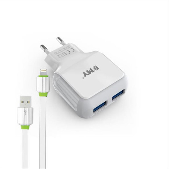 Φορτιστη PSU ΕΜΥ MY-220, 5V 2.4A, Universal, 2xUSB +  iPhone 5/6/7 καλώδιο, λευκό - 14445