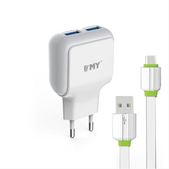 Φορτιστη PSU ΕΜΥ MY-220, 5V 2.4A, Universal, 2xUSB + Micro USB καλώδιο, λευκό - 14444
