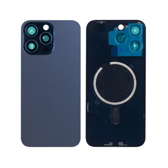 For Apple iPhone 15 Pro Back Glass Without NFC, Enlarged Camera Frame Blue Titanium Compatible