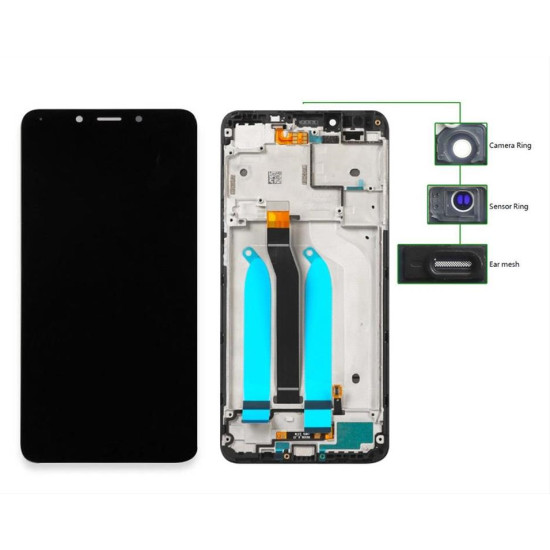 LCD για Xiaomi Redmi 6A, Camera-Sensor ring, ear mesh, frame, μαύρη